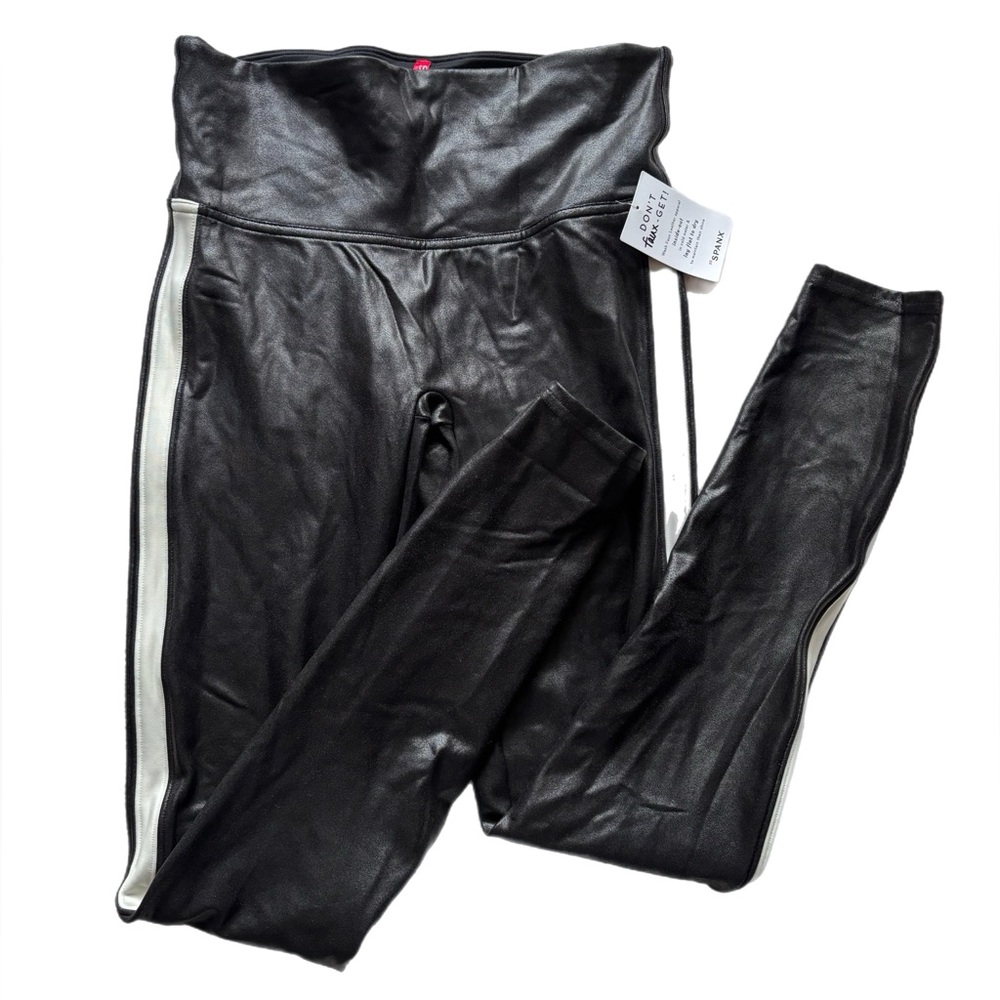 SPANX Faux Leather Black/White Track Leggings Size M